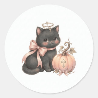 Süßer Engelkatze & Kürbis Herbst-Aufkleber Runder Aufkleber