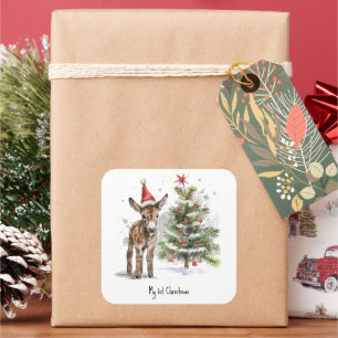 Süßer Esel erstes Weihnachten, individuell Quadratischer Aufkleber