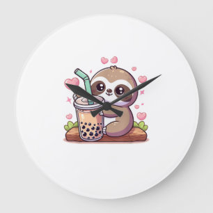 Süßer Faultier-Boba-Blasen-Milchtee Kawaii Frauen Große Wanduhr