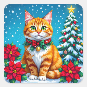Süßer Festlicher Orange Katze Weihnachten Quadratischer Aufkleber
