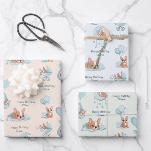 Süßer französischer Bulldogge Baby Junge Geburtsta Geschenkpapier Set