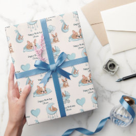 Süßer französischer Bulldogge Blau Baby Junge Gebu Geschenkpapier