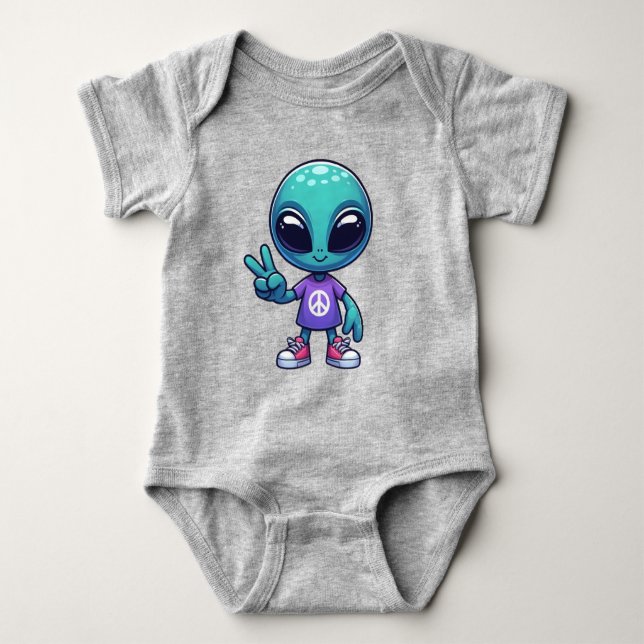 Süßer Friedens-Alien & Raumschiff Baby Strampler (Vorderseite)