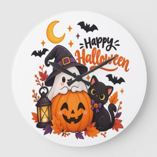 Süßer Froher Halloween-Geist Kürbis Schwarze Katze Große Wanduhr