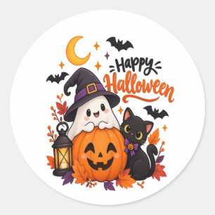 Süßer Froher Halloween-Geist Kürbis Schwarze Katze Runder Aufkleber