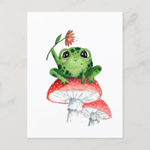 Süßer Frosch auf Pilz Original-Aquarellmalerei Postkarte
