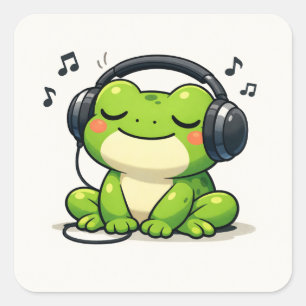 Süßer Frosch hört Musik Quadratischer Aufkleber
