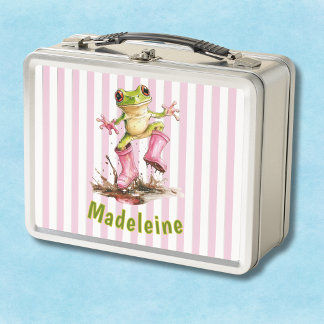 Süßer Frosch in rosa Regenstiefeln mit Monogramm u Metall Brotdose