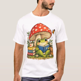 Süßer Frosch liest unter Pilz Buchliebhaber-Design T-Shirt