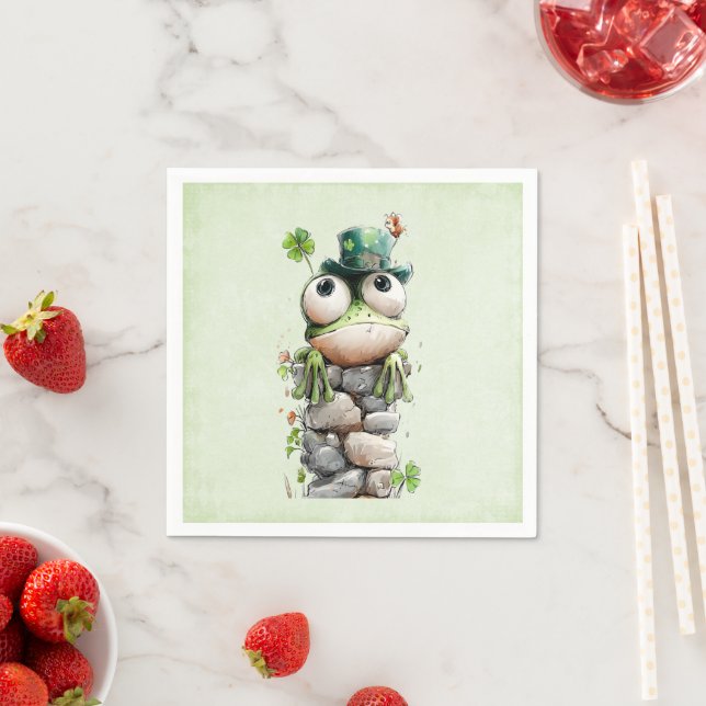 Süßer Frosch mit grüner Mütze und Kleeblatt Serviette (Beispiel)