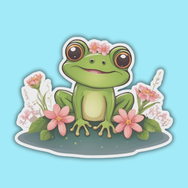 Süßer Frosch mit rosa Blume Wasserdicht Aufkleber (Von Creator hochgeladen)