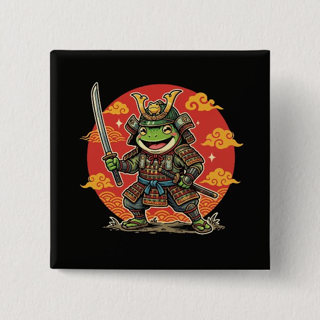 Süßer Frosch-Samurai-Cartoon-Tierkrieger-Design Button (Vorderseite)
