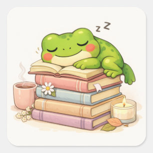 Süßer Frosch schläft auf Büchern Quadratischer Aufkleber