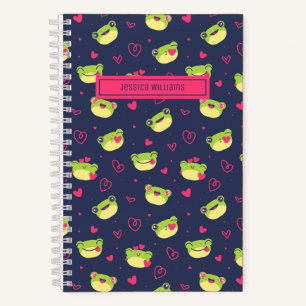 Süßer Frosch und Doodle-Herzmuster Navyblau Rosa Notizbuch