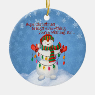 Süßer frostiger Schneemann hält Weihnachtsbeleucht Keramik Ornament