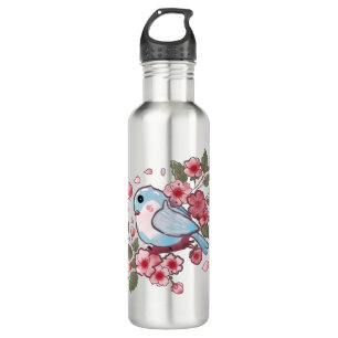 Süßer Frühlingsblaue Vogel & Kirschblüten Aquarell Edelstahlflasche