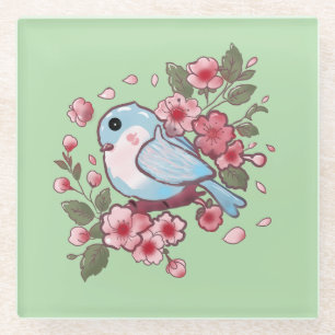 Süßer Frühlingsblaue Vogel & Kirschblüten Aquarell Glasuntersetzer