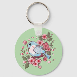 Süßer Frühlingsblaue Vogel & Kirschblüten-Aquarell Schlüsselanhänger