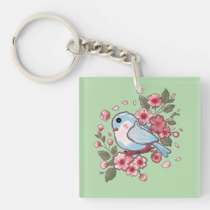 Süßer Frühlingsblaue Vogel & Kirschblüten Aquarell Schlüsselanhänger