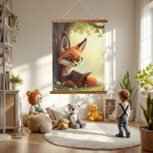 Süßer Fuchs beim Lesen eines Buches, Kinderzimmer Wandteppich Mit Holzrahmen