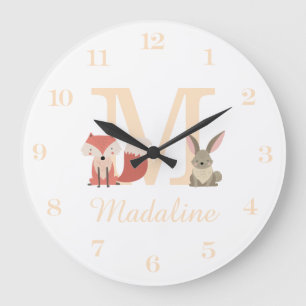 Süßer Fuchs-Hasen-Waldtiere-Monogramm Große Wanduhr