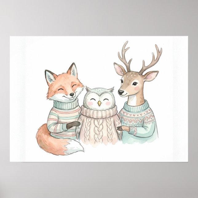 Süßer Fuchs Hirsch Winter Freunde Poster (Vorne)