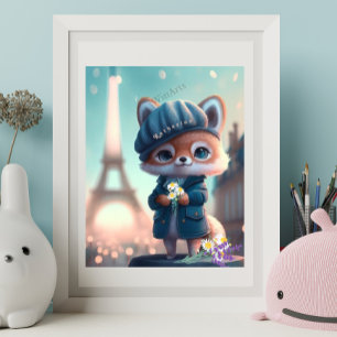 Süßer Fuchs in Blau, Paris Eiffelturm Personalisie Poster