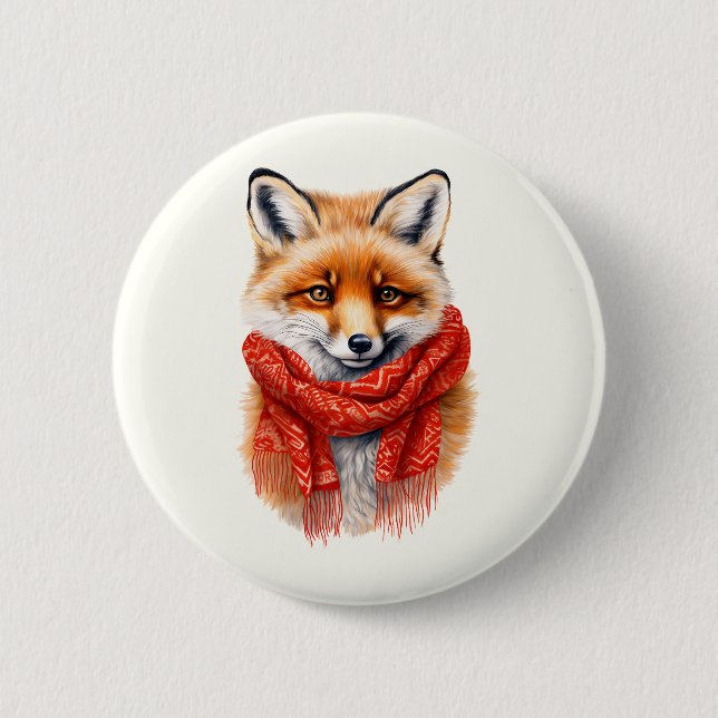 Süßer Fuchs mit rotem Schal Herbstbild Button (Vorderseite)