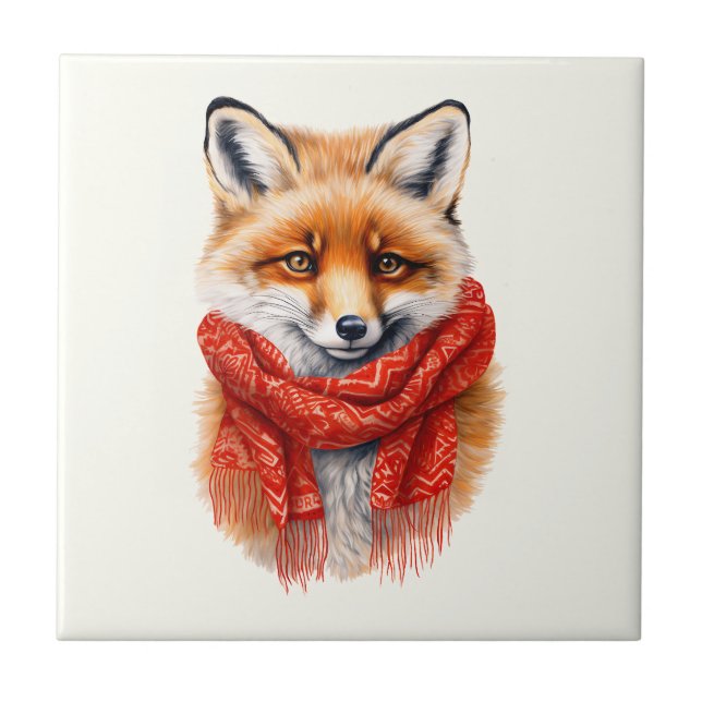 Süßer Fuchs mit rotem Schal Herbstbild Fliese (Vorderseite)