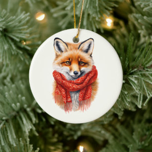 Süßer Fuchs mit rotem Schal Herbstbild Keramik Ornament