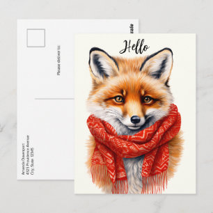 Süßer Fuchs mit rotem Schal Herbstbild Postkarte
