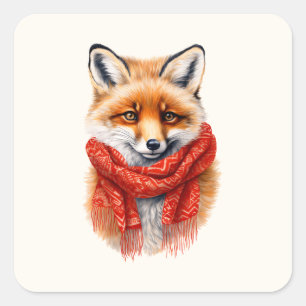 Süßer Fuchs mit rotem Schal Herbstbild Quadratischer Aufkleber