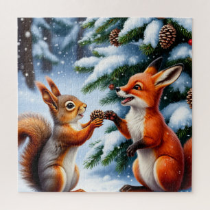 Süßer Fuchs und Eichhörchen Schneebedeckte Weihnac