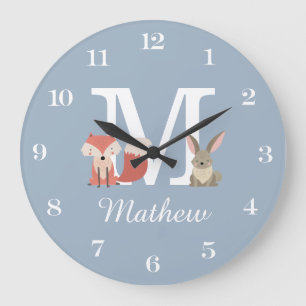 Süßer Fuchs und Kaninchen Baby Jungen Monogramm Bl Große Wanduhr