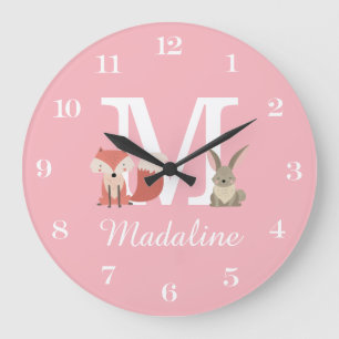 Süßer Fuchs und Kaninchen Baby Mädchen Monogramm R Große Wanduhr