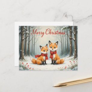 Süßer Fuchs Weihnachten Schnee Wald und roter Scha Postkarte