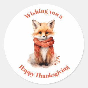 Süßer Fuchswelpe an Thanksgiving mit rotem Schal Runder Aufkleber