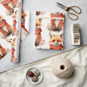 Süßer Fuchswelpe in einem roten Schal-Muster Geschenkpapier