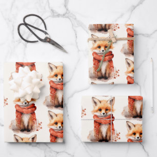 Süßer Fuchswelpe in einem roten Schal-Muster Geschenkpapier Set