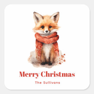 Süßer Fuchswelpe in einem roten Schal Weihnachten Quadratischer Aufkleber