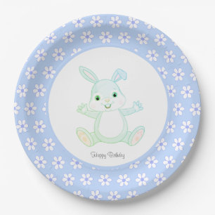 Süßer Geburtstags-Hase & Blumen auf Hellblau Pappteller