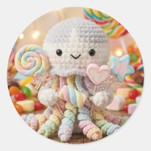 Süßer gehäkelter Oktopus und Candy Land Runder Aufkleber