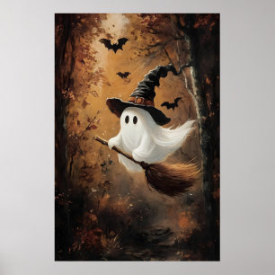 Süßer Geist fliegt auf einem Hexenbesen im Herbst Poster