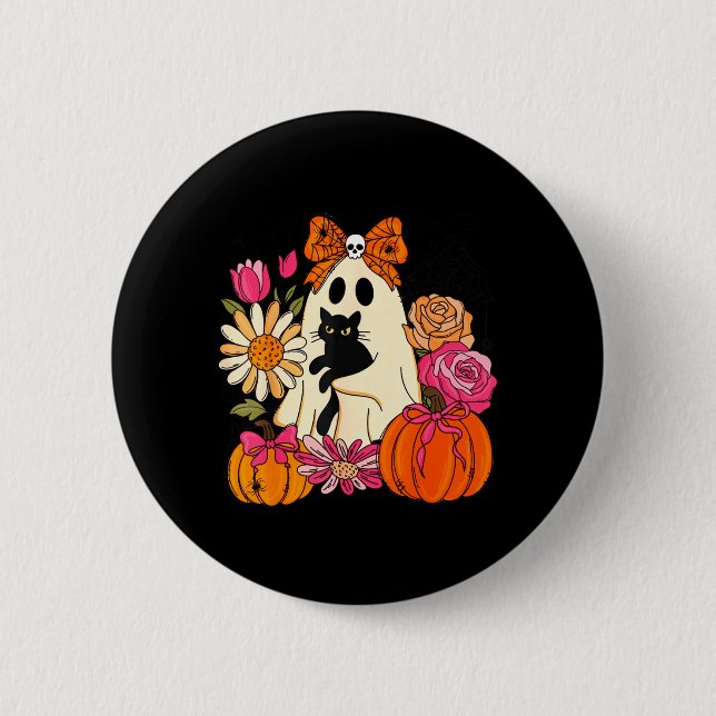 Süßer Geist hält schwarzen Katzen-Kürbis-Blumen Button (Vorderseite)
