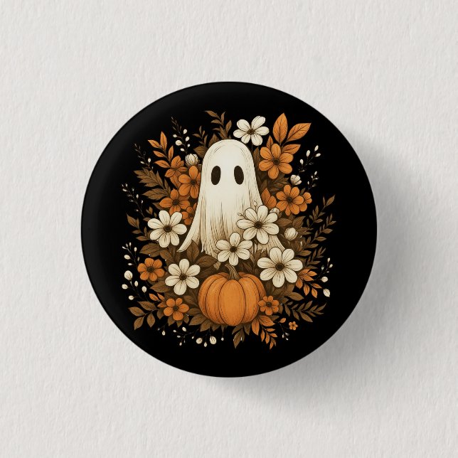 Süßer Geist mit Kürbis und Herbstblumen – Hallowee Button (Vorderseite)