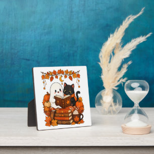 Süßer Geist schwarze Katze liest Buch Herbst Fotoplatte