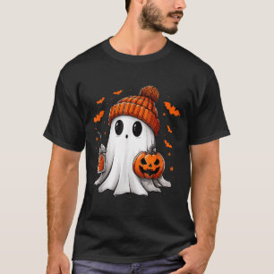 Süßer Geist trinkt Eis Kaffee Halloween Kürbis T-Shirt