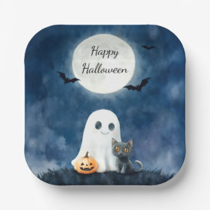 Süßer Geist und schwarze Katze Halloween Pappteller