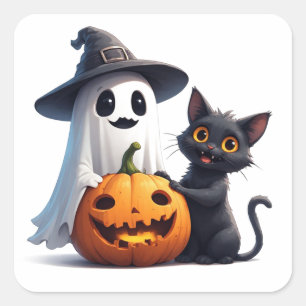Süßer Geist und schwarze Katze Halloween 🎃 Quadratischer Aufkleber