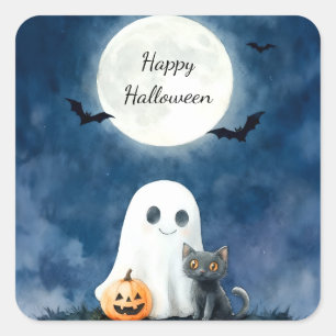 Süßer Geist und schwarze Katze Halloween Quadratischer Aufkleber